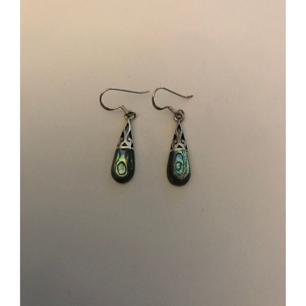 New~Lovely Iridescent Genuine Abalone Shell Dangle Earrings~925 Sterling Silver